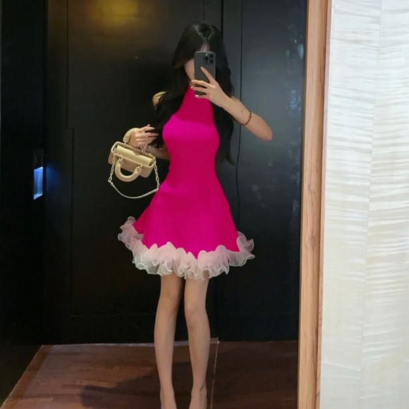 Dinse Barbie Pink Sleeveless Mock Neck Mini A-Line Dress Jfashion K Pop - Picture 4 of 5